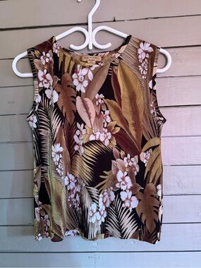 Floral Scoop Neck Tank Top - Brown/Gold